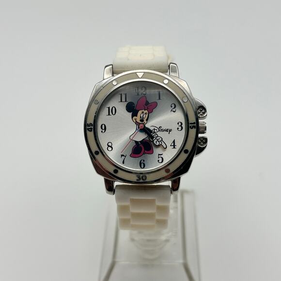 Disney Minnie Mouse Silver Tone White Silicon Band Watch Working New Battery - Picture 1 of 8
